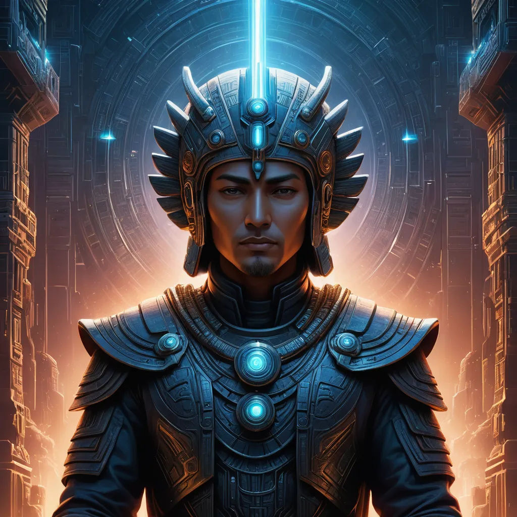 a man in a helmet with a sword in his hand and a glowing light behind him in a futuristic space setting, afrofuturism, a character portrait, Clint Cearley, sci fi fantasy