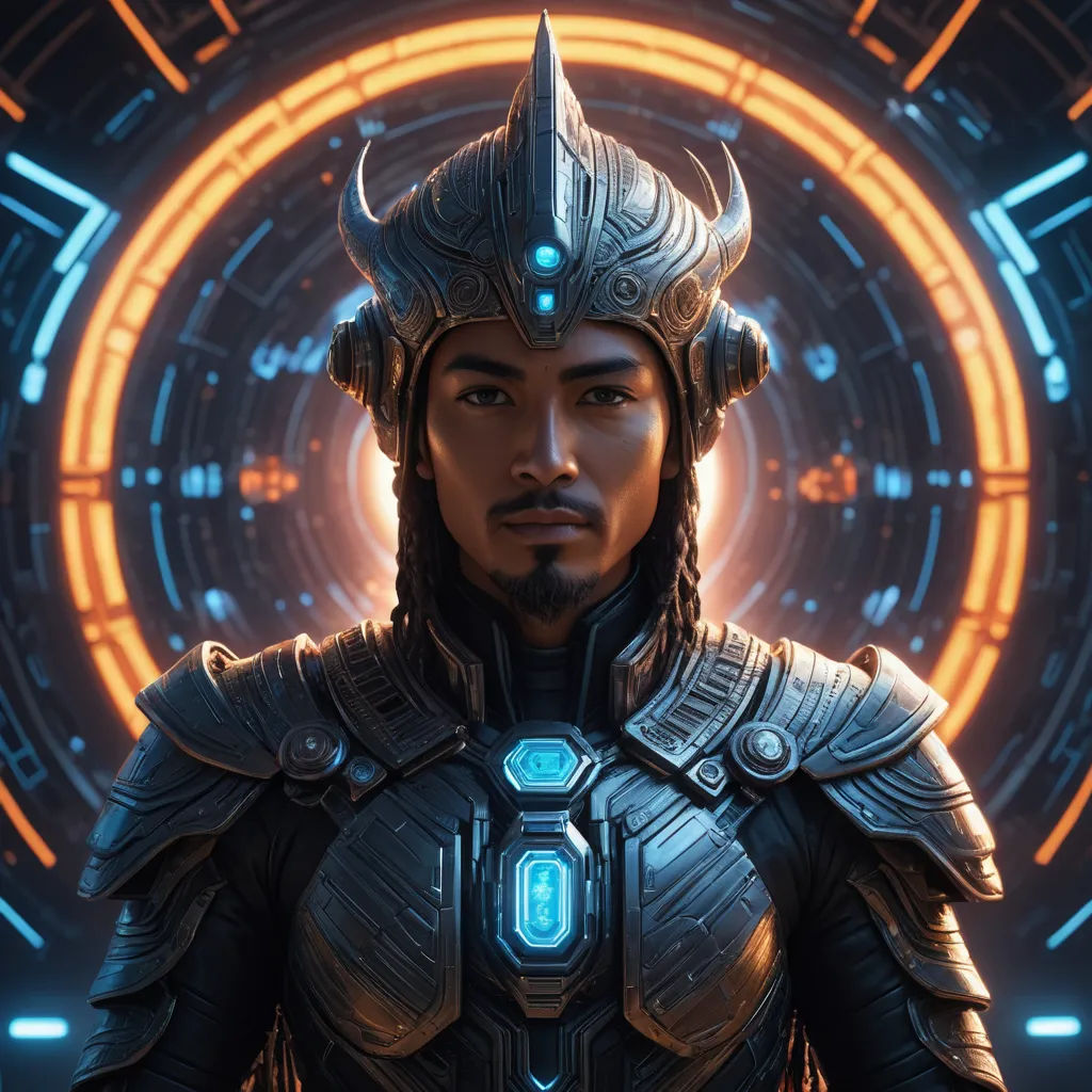 a man in a futuristic suit with a helmet on and a glowing halo around him is looking at the camera, afrofuturism, a character portrait, Dai Jin, rossdraws global illumination