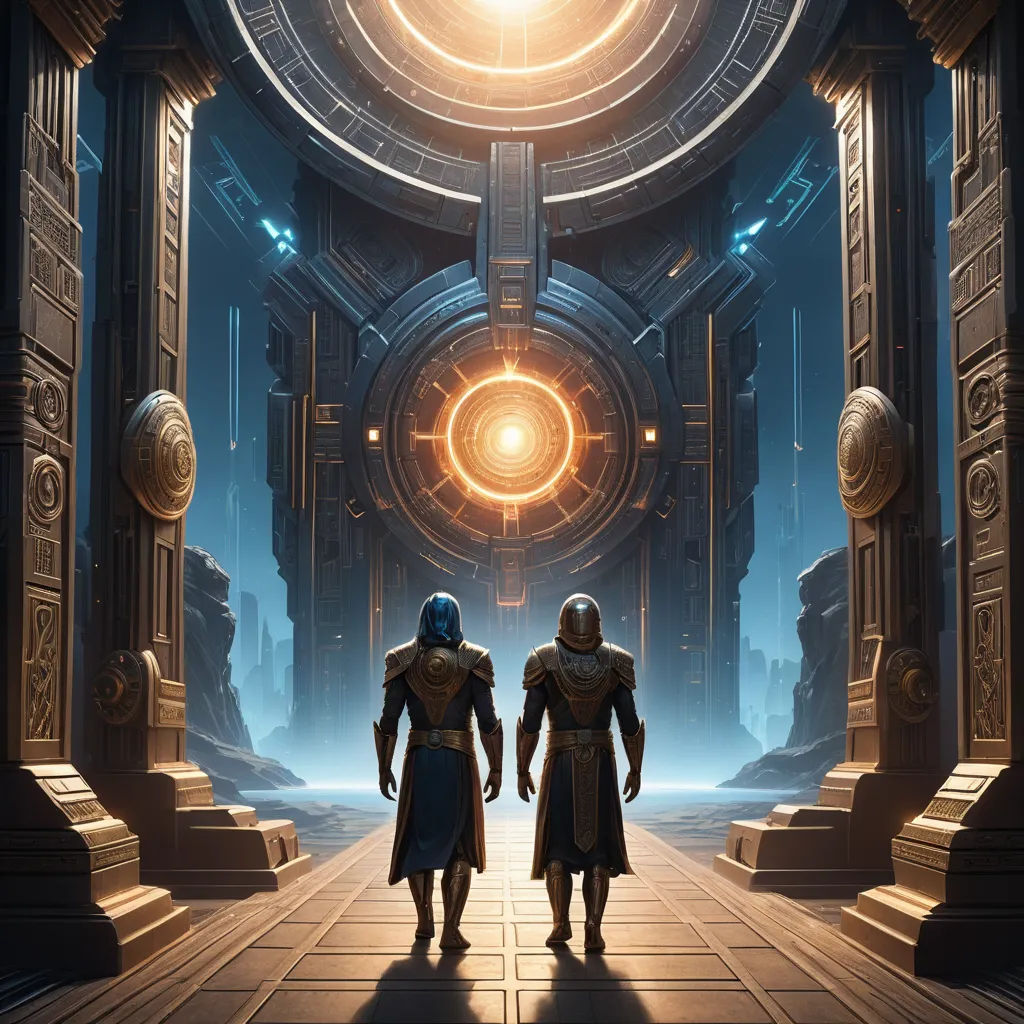 two people standing in a doorway in a sci - fi setting with a bright light coming from the doorway, fantasy art, concept art, Clint Cearley, rossdraws global illumination