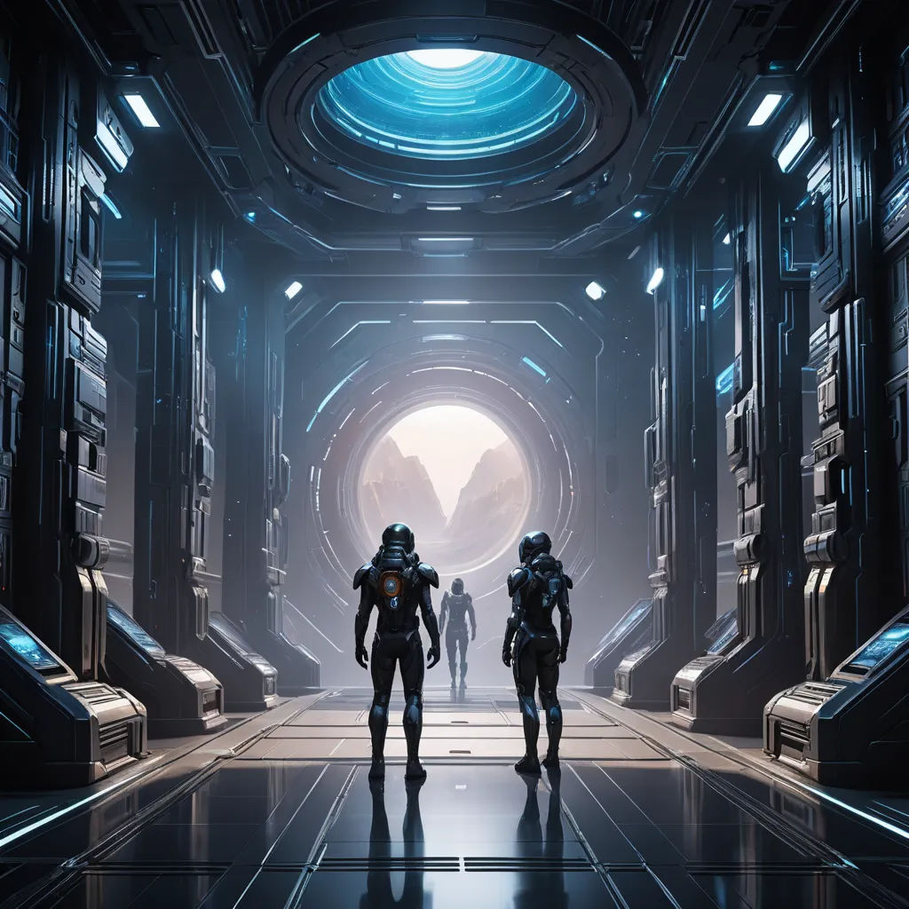 two people in space suits walking through a tunnel with a light at the end of the tunnel and a man in the distance, space art, concept art, Eve Ryder, star citizen halo