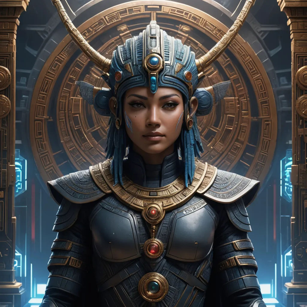 a woman in a costume with horns and a helmet on her head, standing in front of a doorway, fantasy art, a character portrait, Clint Cearley, epic fantasy character art