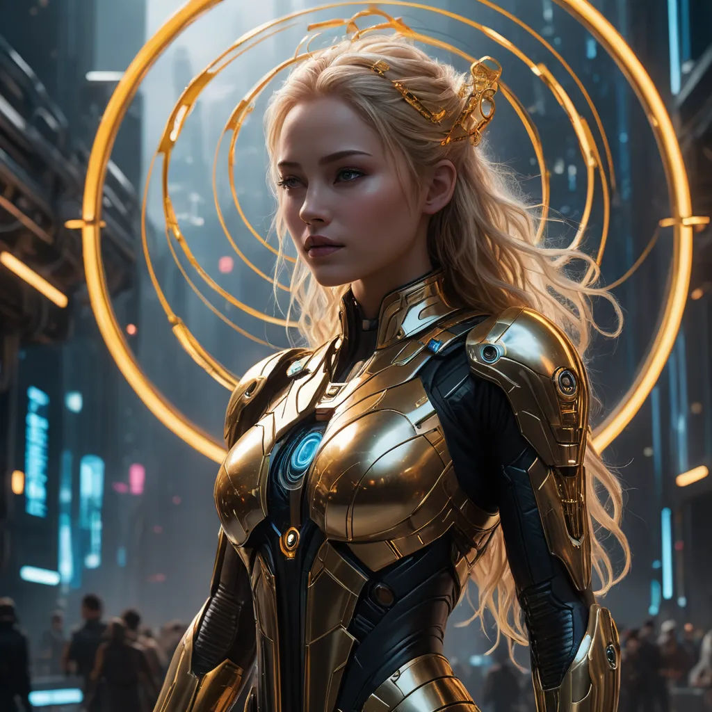 a woman in a futuristic suit standing in a city with a circle of lights behind her and a ring around her neck, retrofuturism, cyberpunk art, Aleksi Briclot, rossdraws global illumination