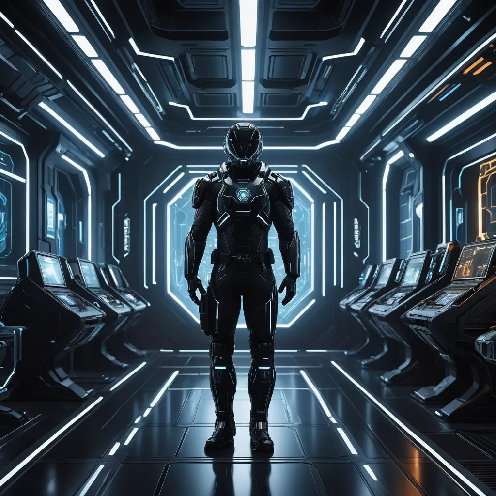 a man in a sci - fi fi fi suit standing in a futuristic space station with a sci - fi light, retrofuturism, computer graphics, Eve Ryder, unreal 5