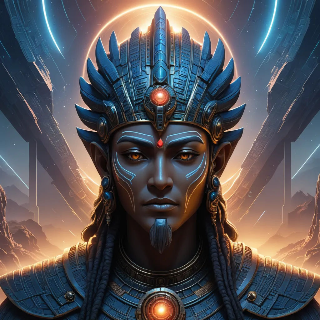 a digital painting of a man with a helmet on his head and a glowing halo around his head and a glowing halo around his head, fantasy art, cyberpunk art, Android Jones, affinity photo