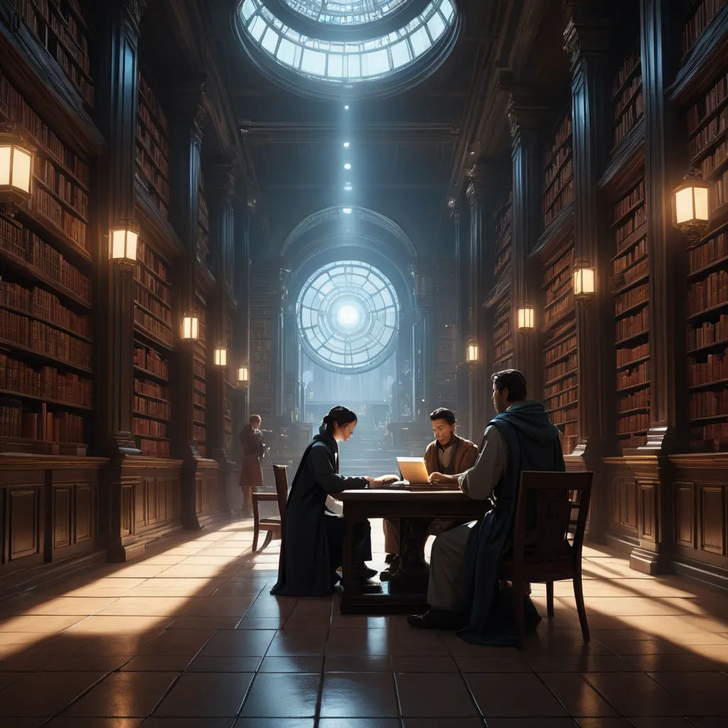 a couple of people sitting at a table in a library with bookshelves and a clock on the ceiling, academic art, computer graphics, Chris LaBrooy, unreal engine 5 highly rendered