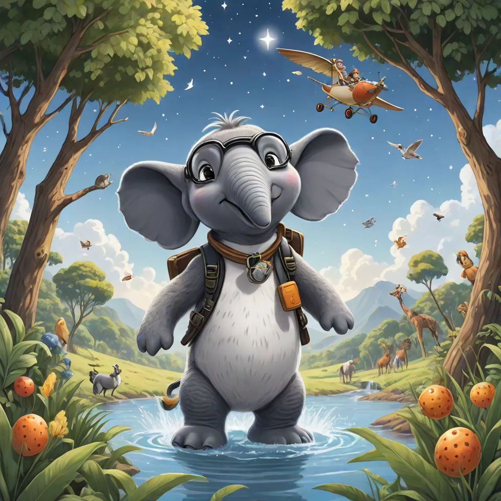 a cartoon elephant standing in a forest with a plane flying overhead and a river running through it, with trees and animals in the background, fantasy art, a storybook illustration, Chris LaBrooy, promotional image
