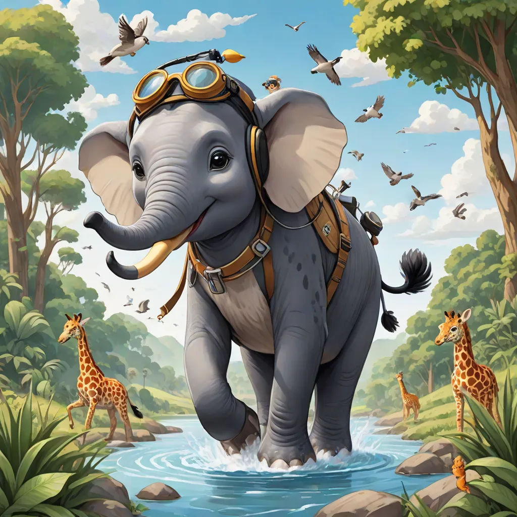 a painting of an elephant with goggles on its head and giraffes in the background, and a river running through the jungle, fantasy art, a storybook illustration, Chris LaBrooy, highly detailed digital painting