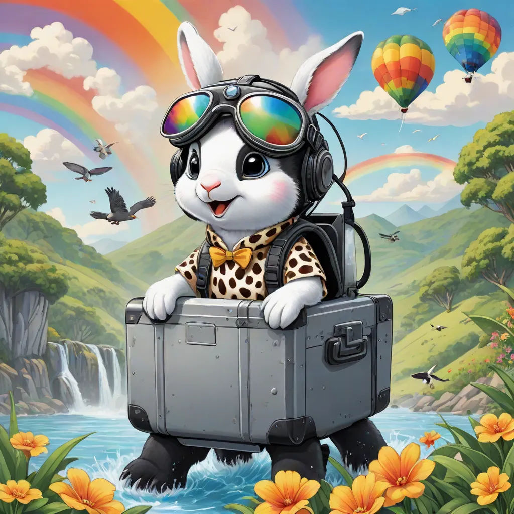 a rabbit with a suitcase in a field of flowers and a rainbow in the background with a rainbow in the sky, pop surrealism, a character portrait, Chris LaBrooy, rossdraws global illumination
