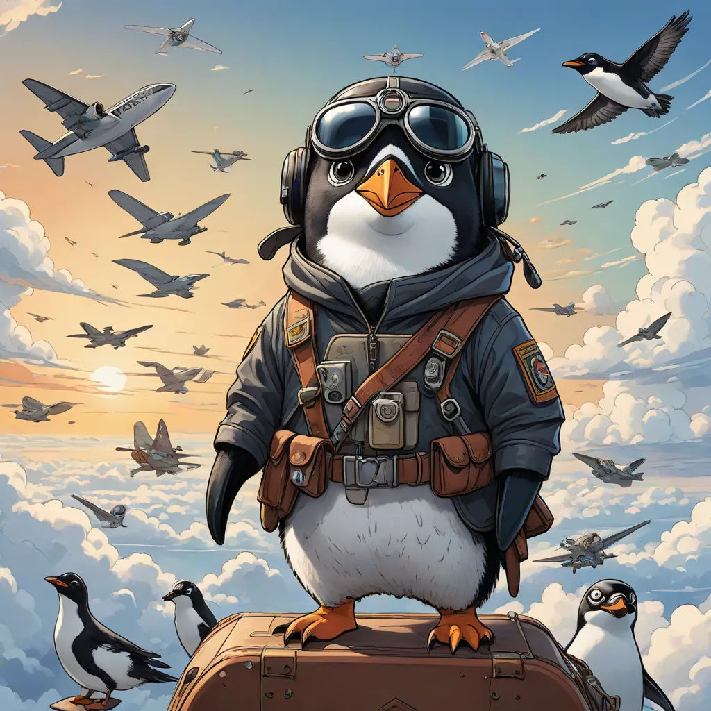 a penguin wearing a pilot's outfit and goggles standing on a suitcase in the sky with a flock of birds flying around, space art, a detailed drawing, Chris LaBrooy, official art