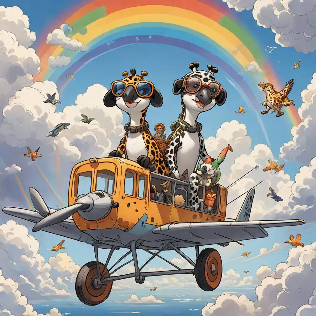 a painting of two dogs riding on a plane with a rainbow in the background and birds flying around them, furry art, a storybook illustration, Anson Maddocks, furaffinity