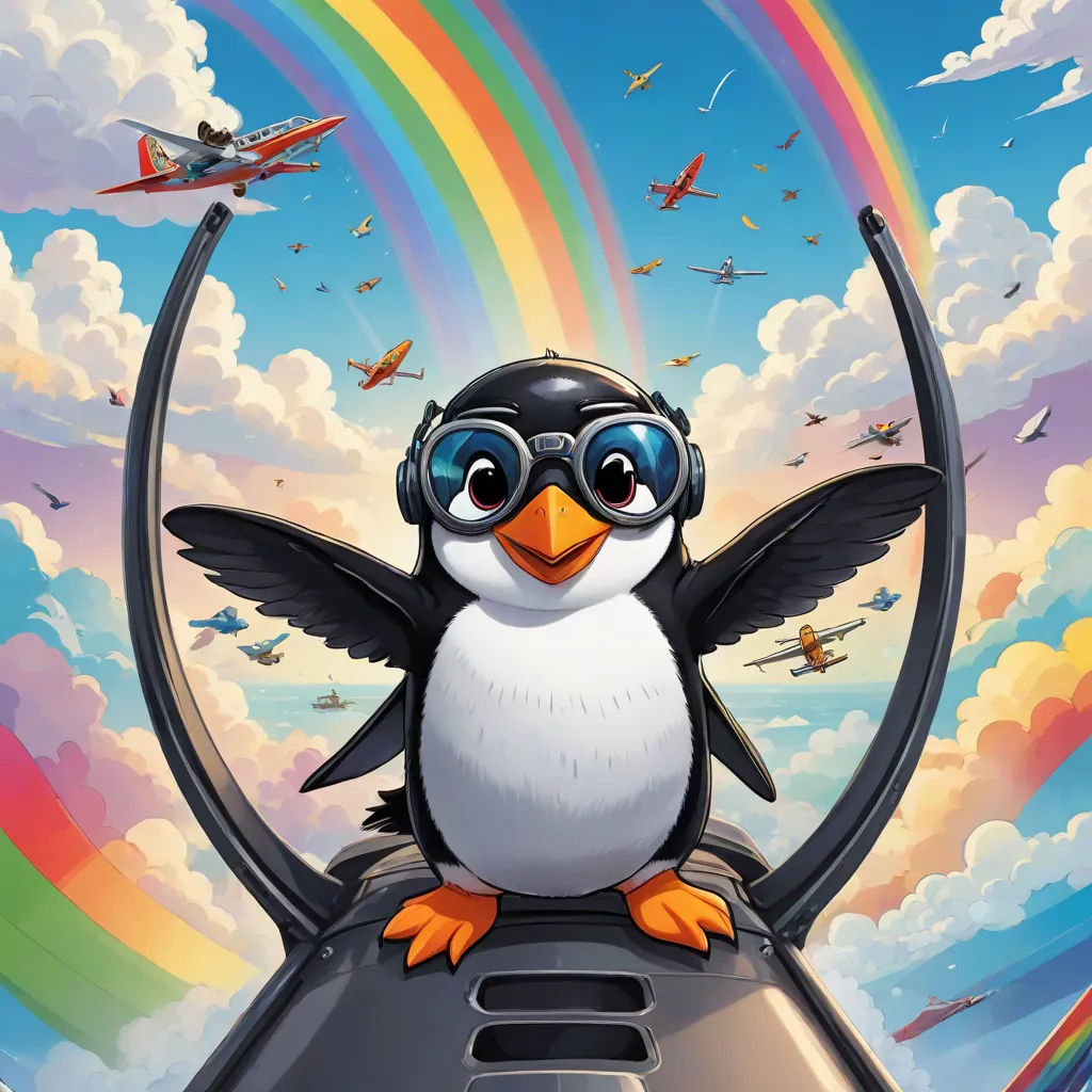 a penguin with a pair of sunglasses on top of a jetliner with a rainbow in the background and airplanes flying overhead, pop surrealism, a storybook illustration, Chris LaBrooy, official art