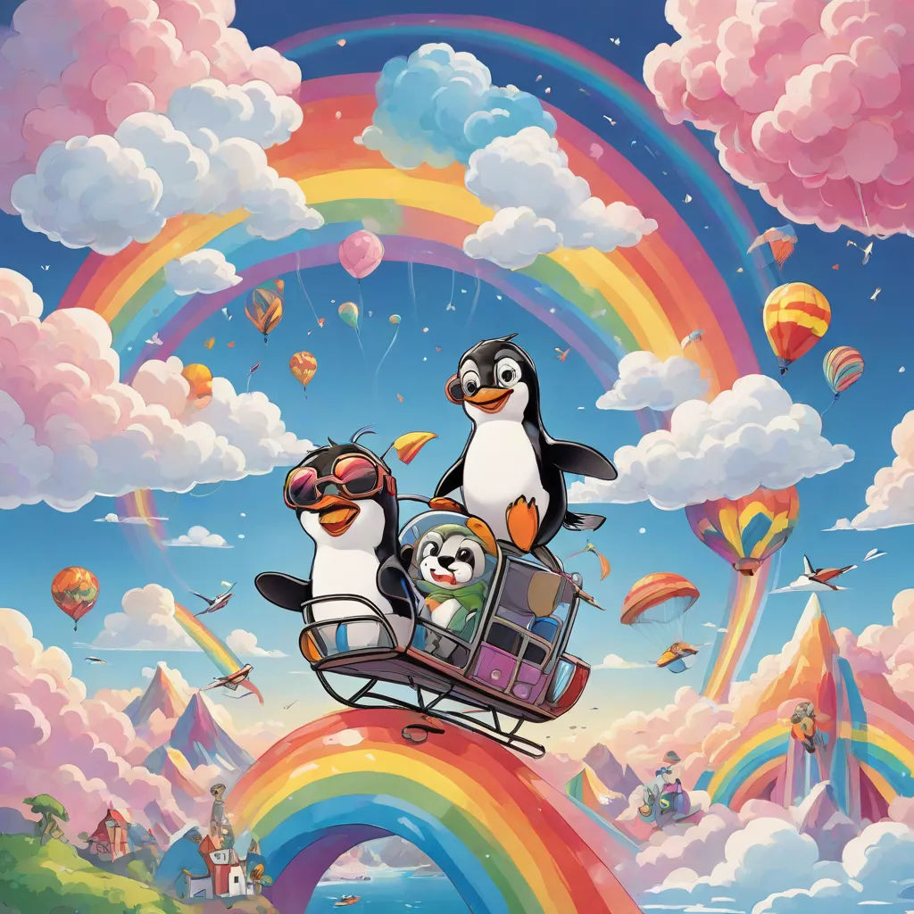 a penguin and penguinling ride in a sleigh with a rainbow in the background and a rainbow in the sky, pop surrealism, poster art, Chris LaBrooy, promotional image