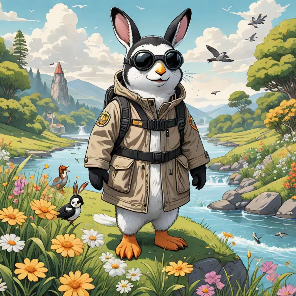 a rabbit wearing a jacket and sunglasses standing in a field of flowers and flowers with a bird flying over it, environmental art, a character portrait, Chris LaBrooy, official art