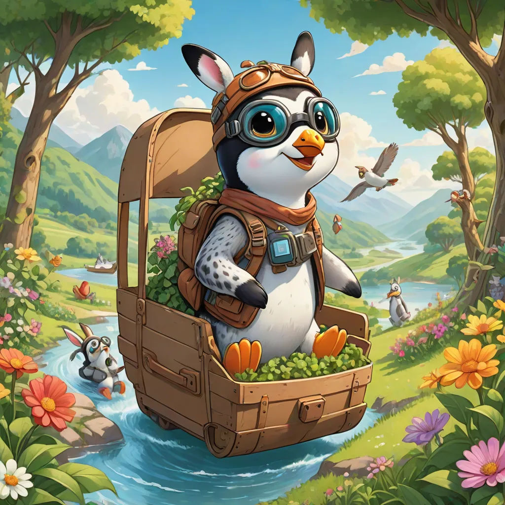a penguin with a backpack and goggles in a forest with flowers and birds flying around it, and a river running through it, fantasy art, a storybook illustration, Chris LaBrooy, rossdraws global illumination