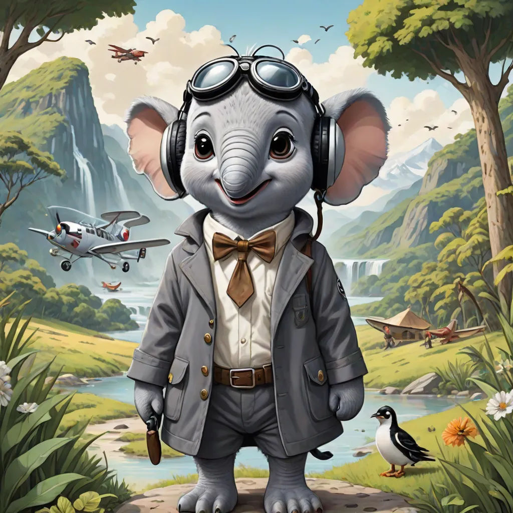 a cartoon elephant wearing headphones and a suit with a bird on his shoulder and a bird on his shoulder, fantastic realism, a character portrait, Chris LaBrooy, official art