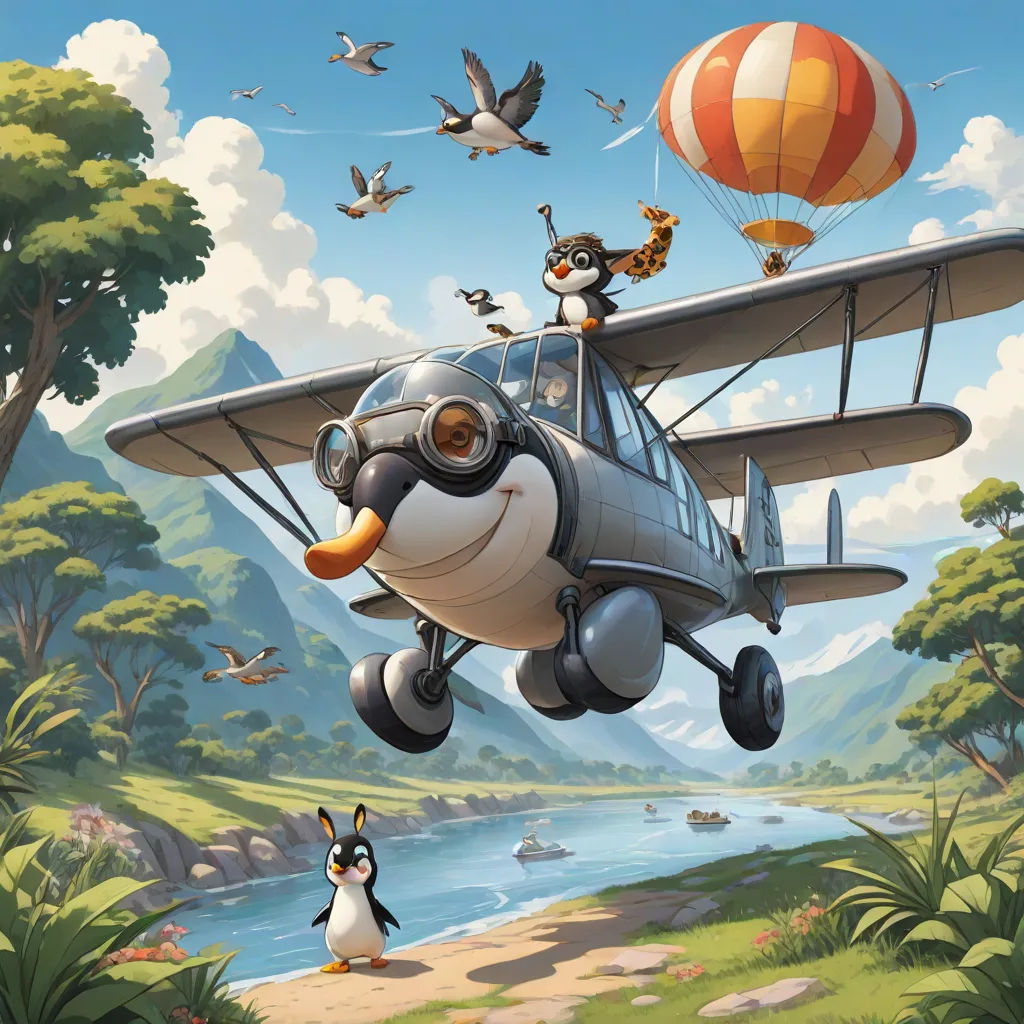 a cartoon character flying a plane with a penguin and a penguin on it's back and a penguin on the front, sots art, a storybook illustration, Cliff Childs, official art