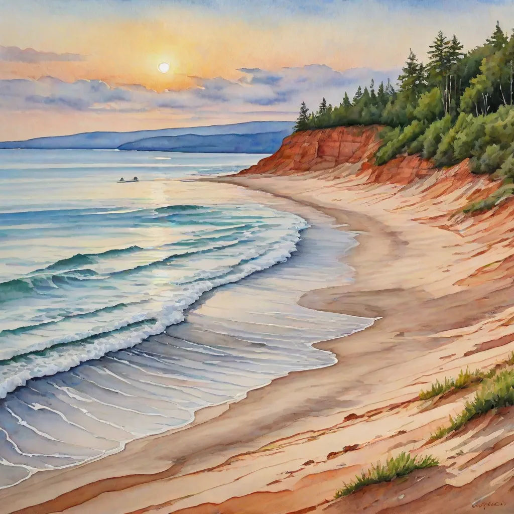 a painting of a beach with a boat in the water and a sunset in the background with a person on a surfboard, figurative art, a fine art painting, Douglas Robertson Bisset, detailed painting