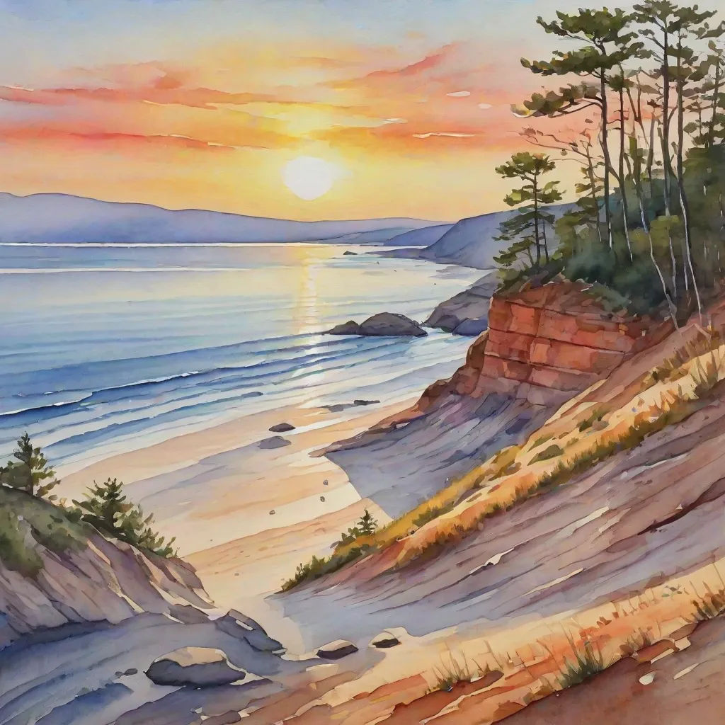 a painting of a sunset over the ocean with a beach and trees on the shore and a cliff on the other side, american scene painting, a watercolor painting, Douglas Robertson Bisset, syd meade