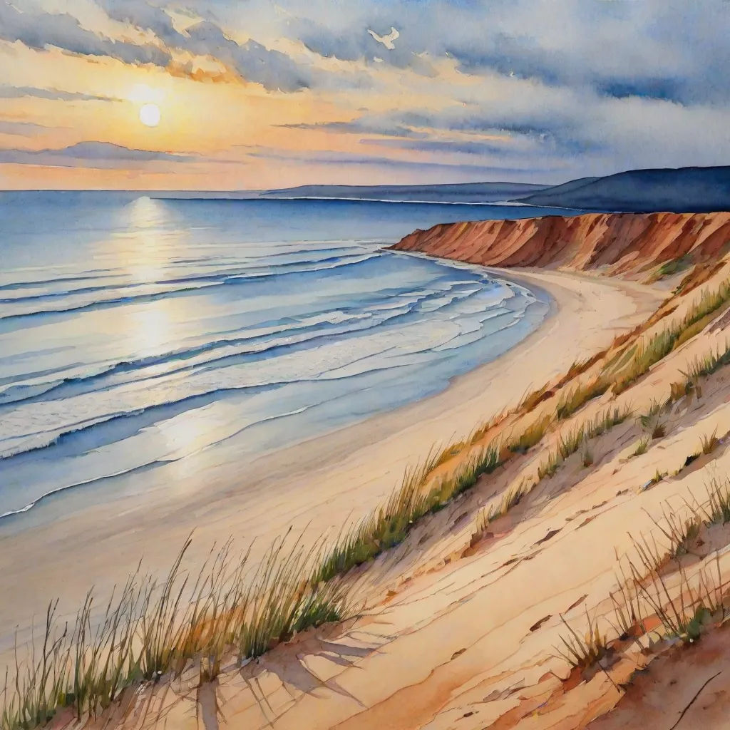 a painting of a beach with a sunset in the background and grass growing on the sand dunes and the water, american scene painting, a watercolor painting, Alison Kinnaird, watercolor