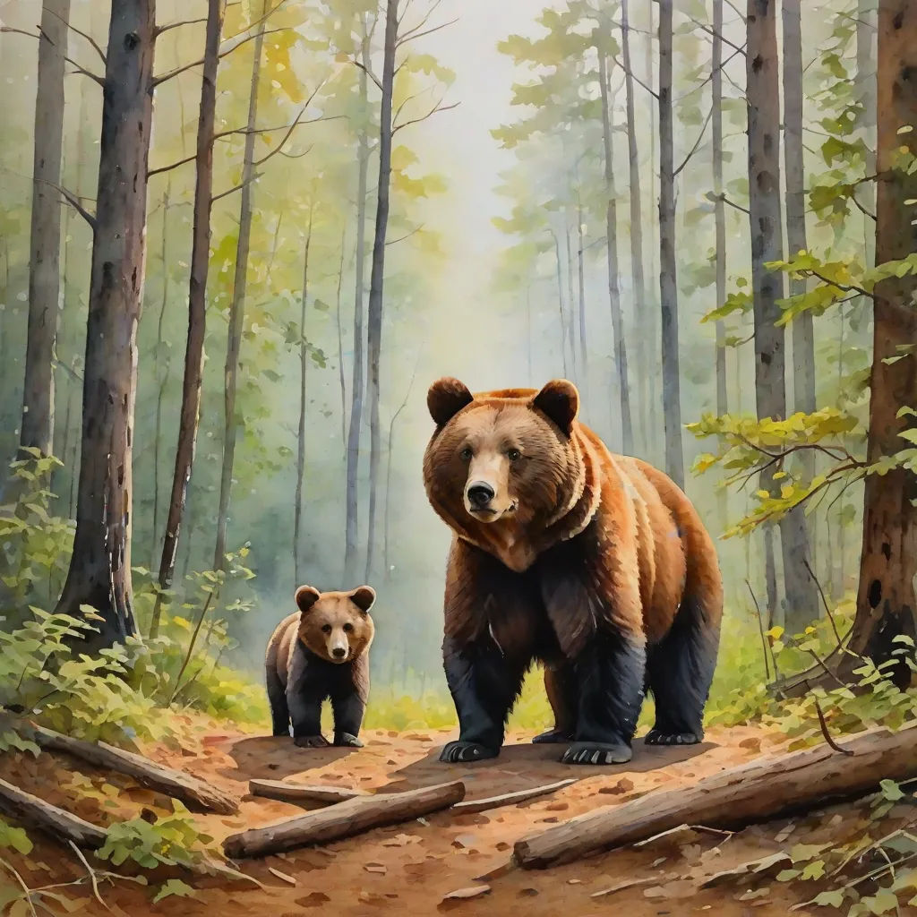 a painting of a bear and cub in a forest setting with trees and leaves on the ground and a path leading to the bear, american scene painting, an oil painting, Brothers Hildebrandt, highly detailed oil painting
