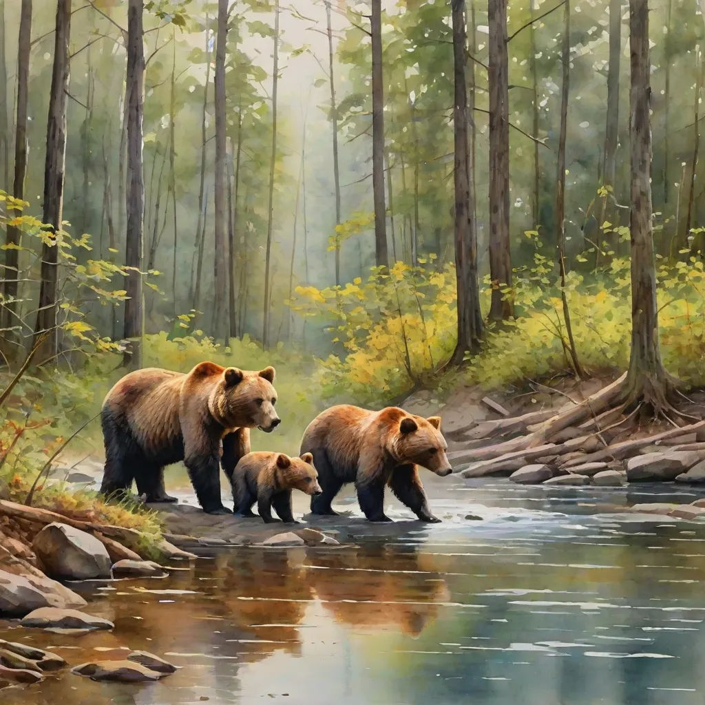 a painting of three bears crossing a river in the woods with their cubs in the water and trees in the background, american scene painting, an oil painting, Chris LaBrooy, intricate oil painting