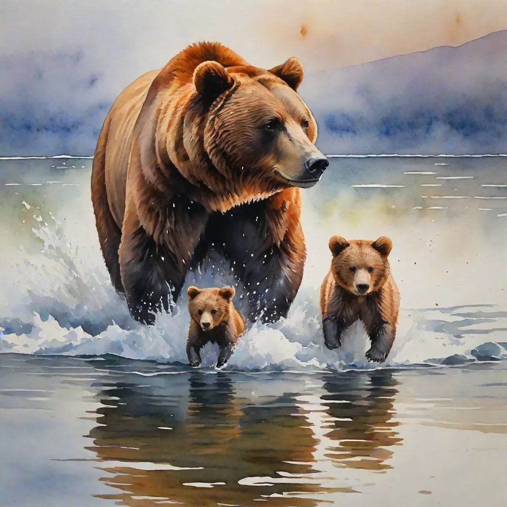 a painting of a bear and two cubs in the water with a mountain in the background and a cloudy sky, american scene painting, a watercolor painting, Art Brenner, oil painting