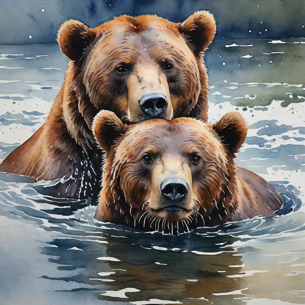 two bears are swimming in the water together, one is brown and the other is black and white and the other is brown, furry art, a watercolor painting, Art Brenner, in gouache detailed paintings