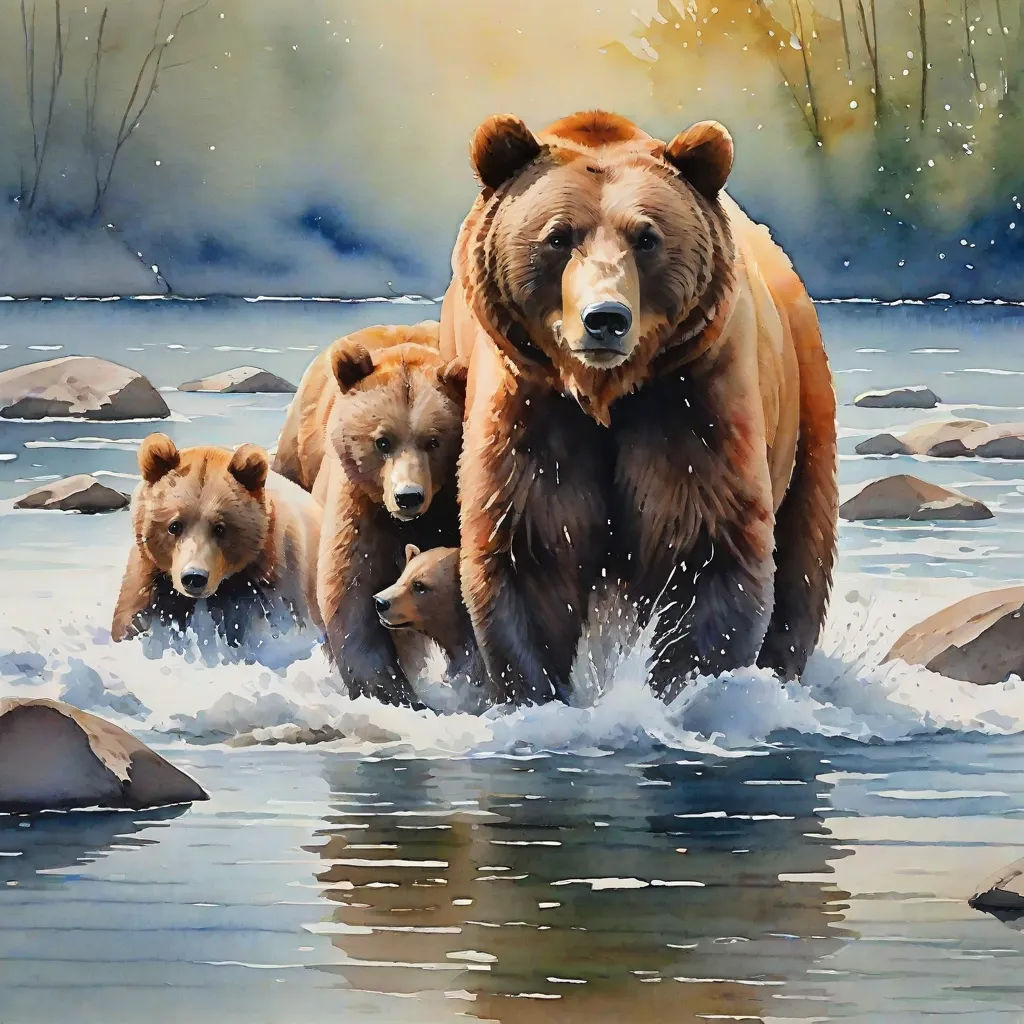 a painting of a bear with two cubs crossing a river with rocks and water in the background and a forest in the background, american scene painting, a watercolor painting, Art Brenner, highly detailed oil painting