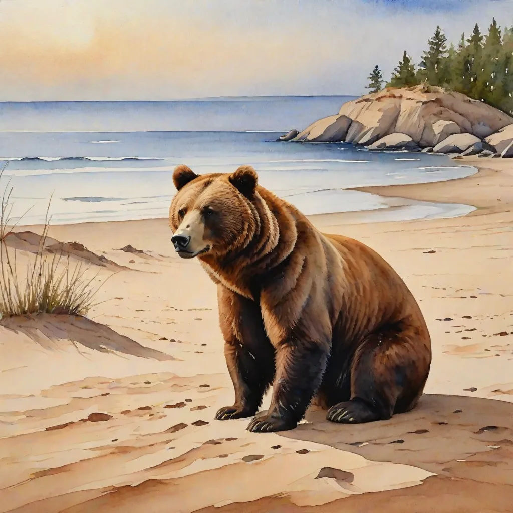 a painting of a bear sitting on a beach near the ocean and a tree line with a sky background, figurative art, an airbrush painting, Douglas Robertson Bisset, oil painting