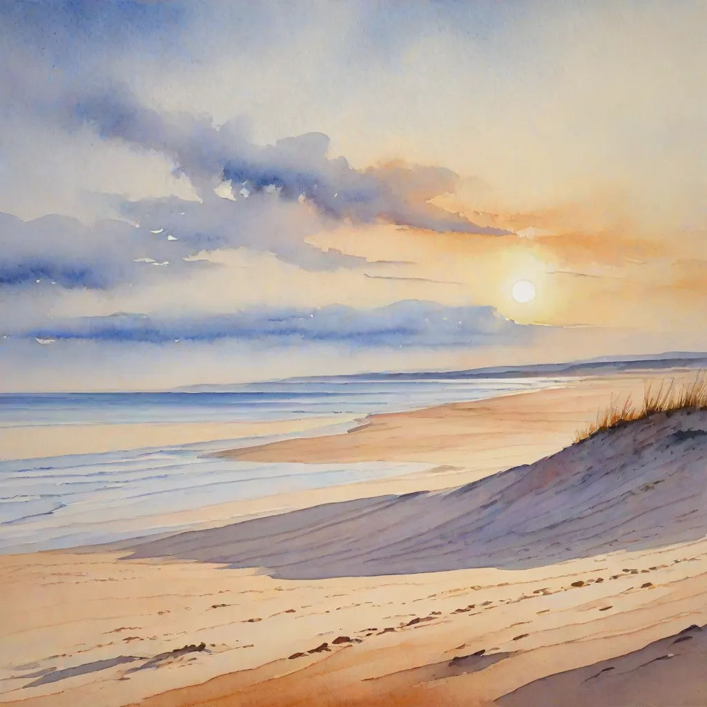 a painting of a beach with a sunset in the background and a person walking on the sand with a surfboard, american scene painting, a watercolor painting, Alison Kinnaird, watercolor