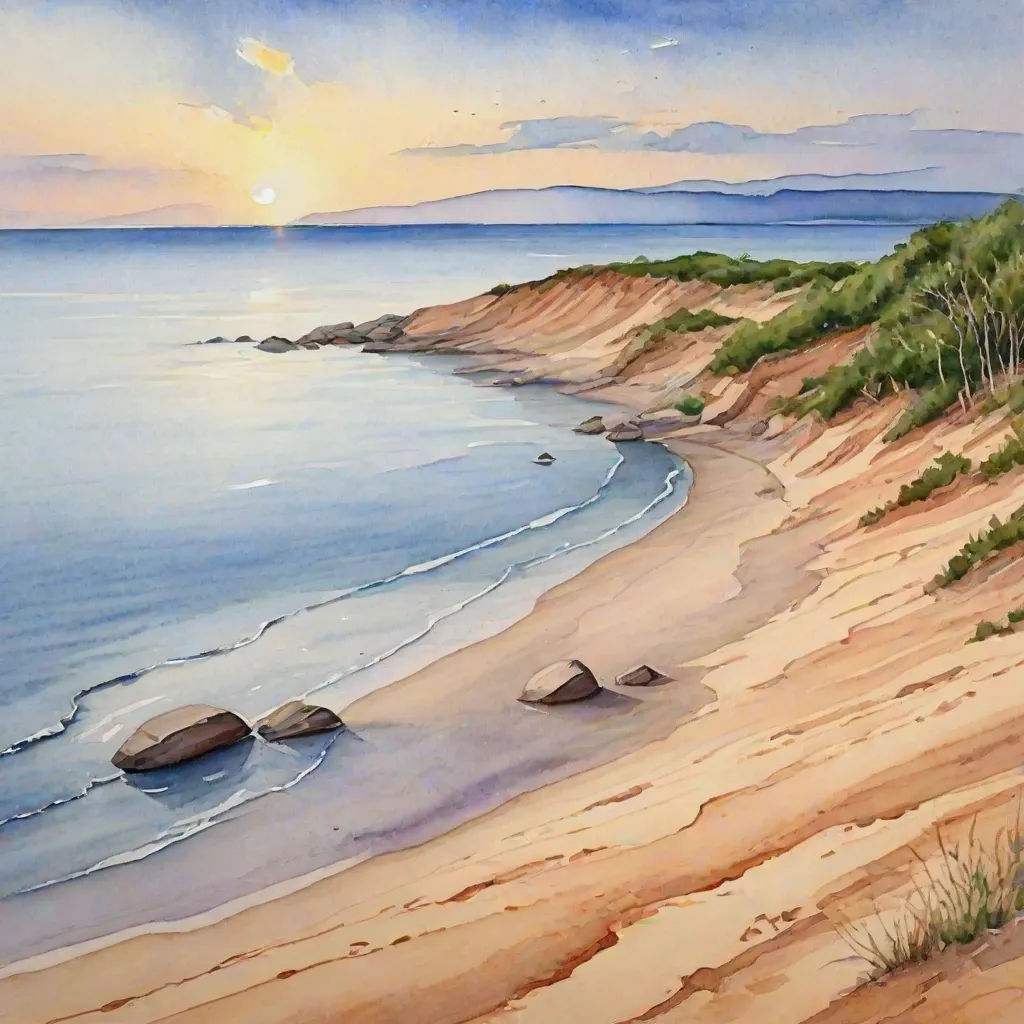 a painting of a beach with a boat on the water and a sunset in the background with a few clouds, american scene painting, a watercolor painting, Alison Kinnaird, watercolor