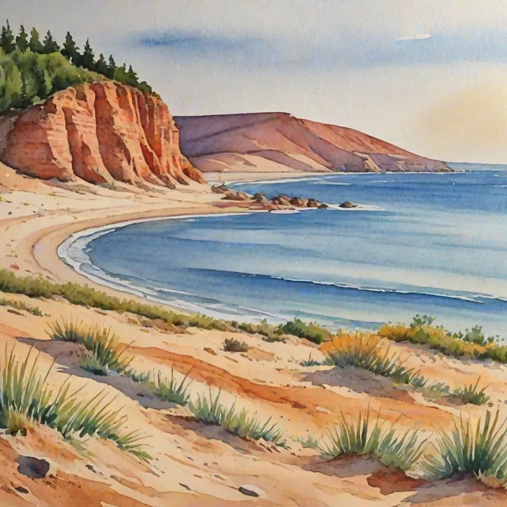 a painting of a beach with a boat in the water and a cliff in the background with trees on the shore, plein air, a watercolor painting, Alison Kinnaird, watercolor