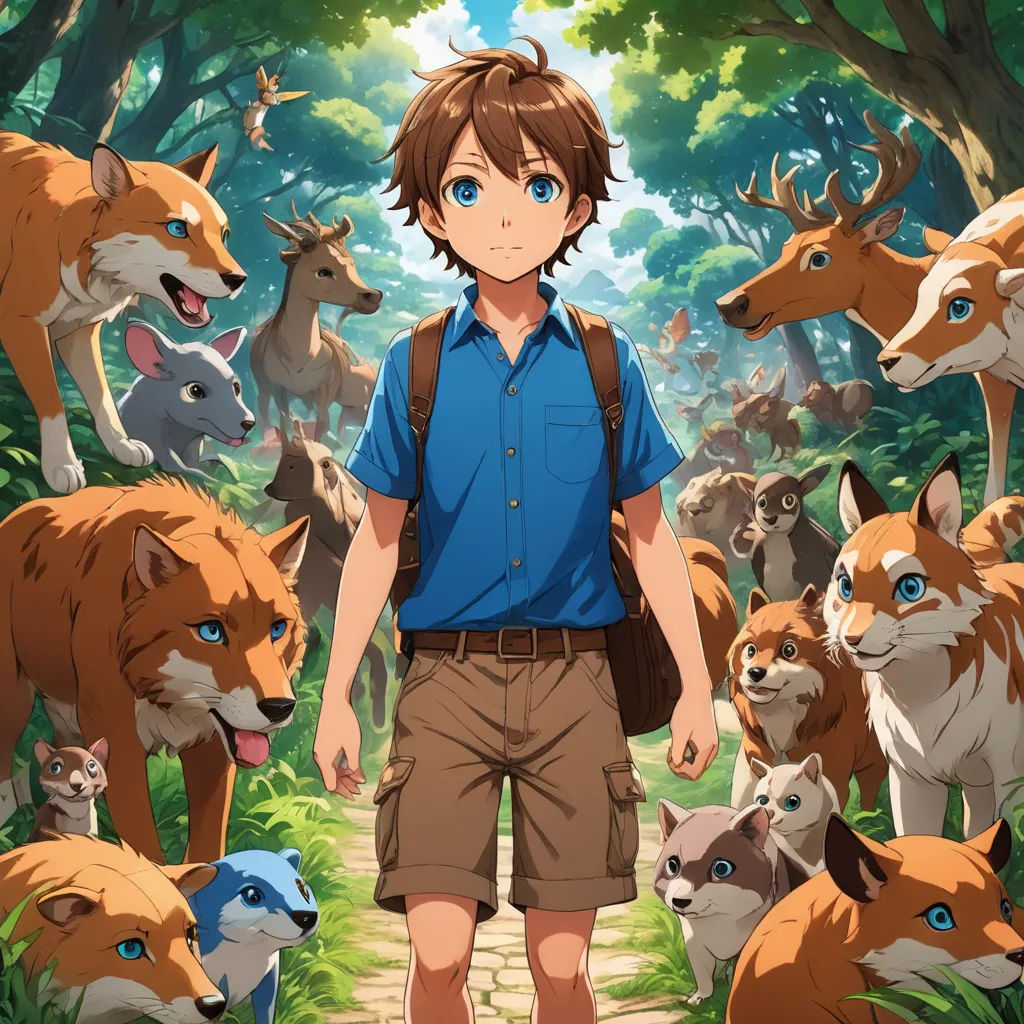 a man standing in front of a bunch of animals in the forest with a backpack on his shoulder and a blue shirt on, furry art, poster art, Armin Hansen, official art