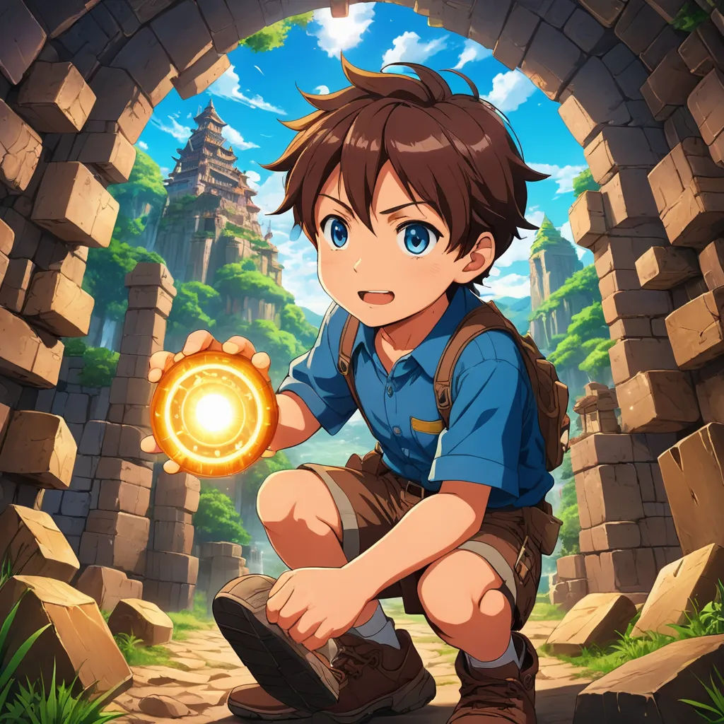 a boy kneeling down holding a glowing ball in his hand in front of a tunnel with a sky background, rayonism, a cave painting, Adam Manyoki, official art