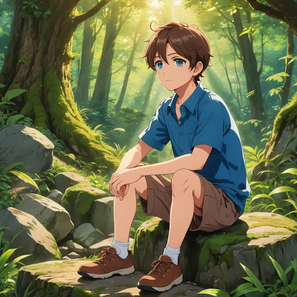 a boy sitting on a rock in the woods with his feet crossed and his hands on his knees, looking at the camera, sots art, concept art, Adam Manyoki, official art