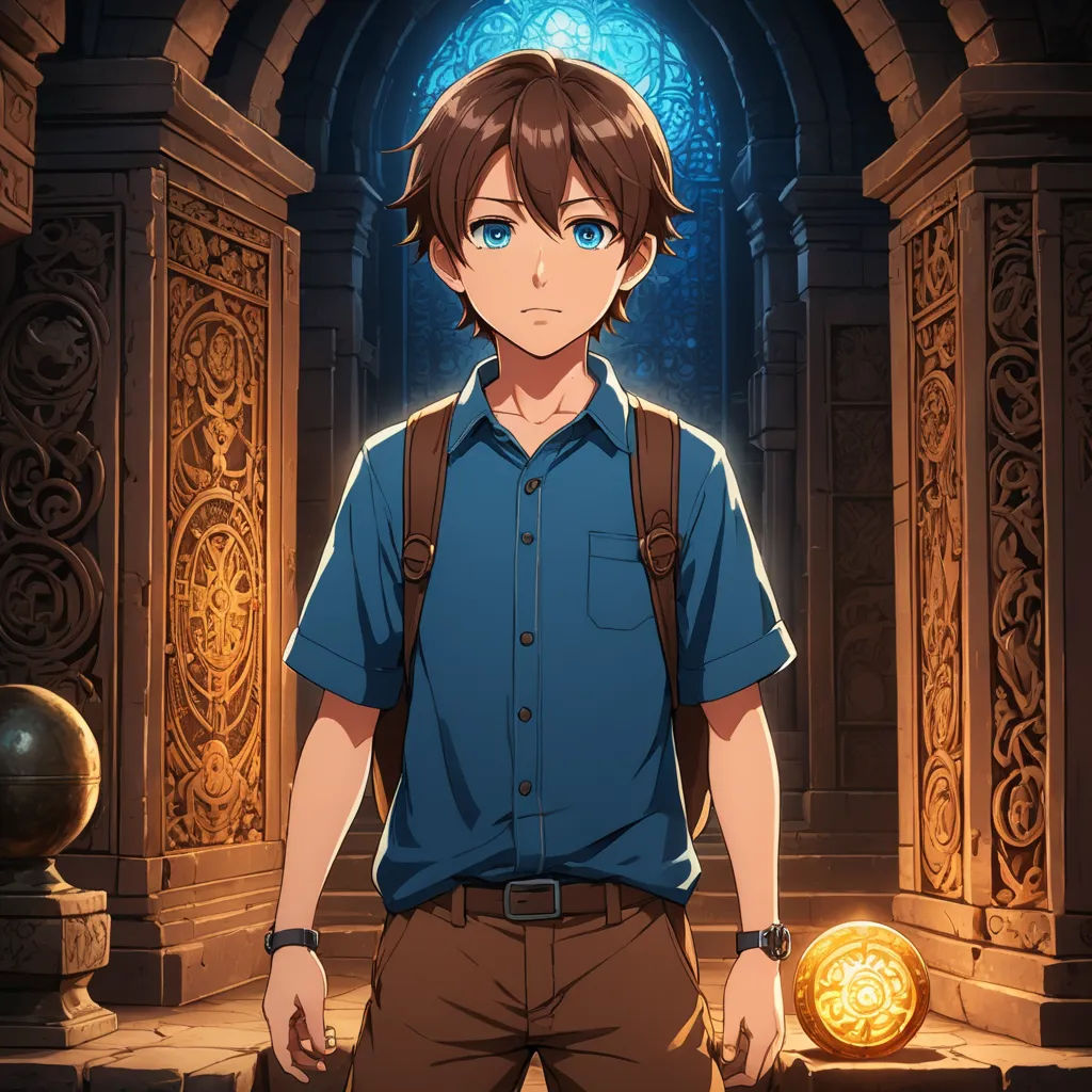 a man standing in front of a doorway with a golden object in his hand and a blue shirt on, sots art, concept art, Cedric Seaut (Keos Masons), official art