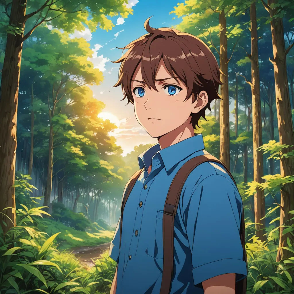 a man standing in a forest with trees and bushes around him, looking at the camera with a serious look on his face, sots art, a character portrait, Ai-Mitsu, anime key visual
