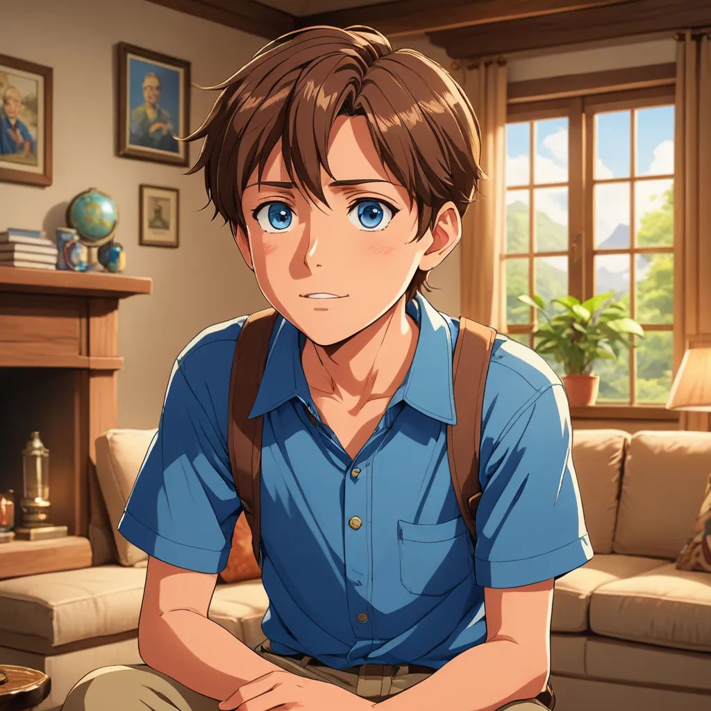 a man sitting on a couch in a living room next to a fire place and a couch with a chair, sots art, a character portrait, Armin Hansen, official art