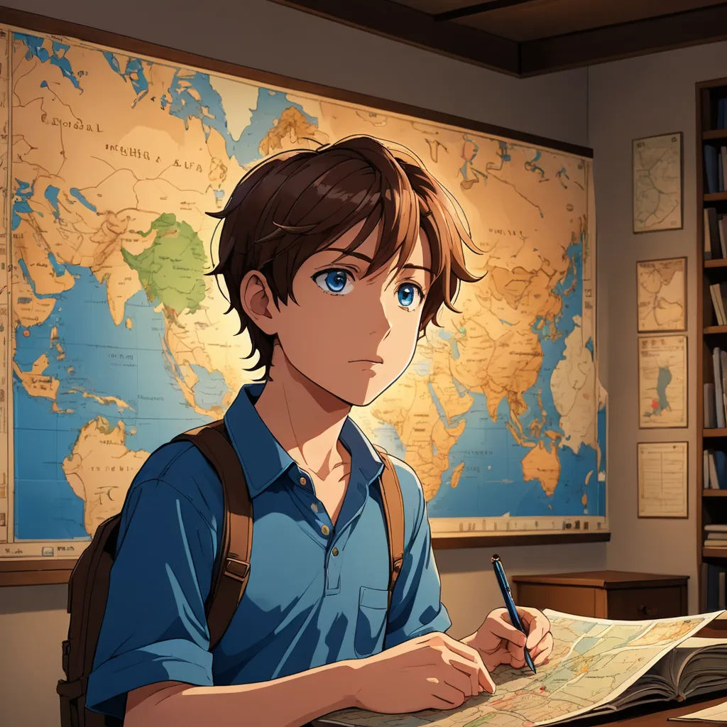 a boy is sitting at a desk with a map and a pen in his hand and a map on the wall behind him, academic art, a manga drawing, Armin Hansen, rossdraws global illumination
