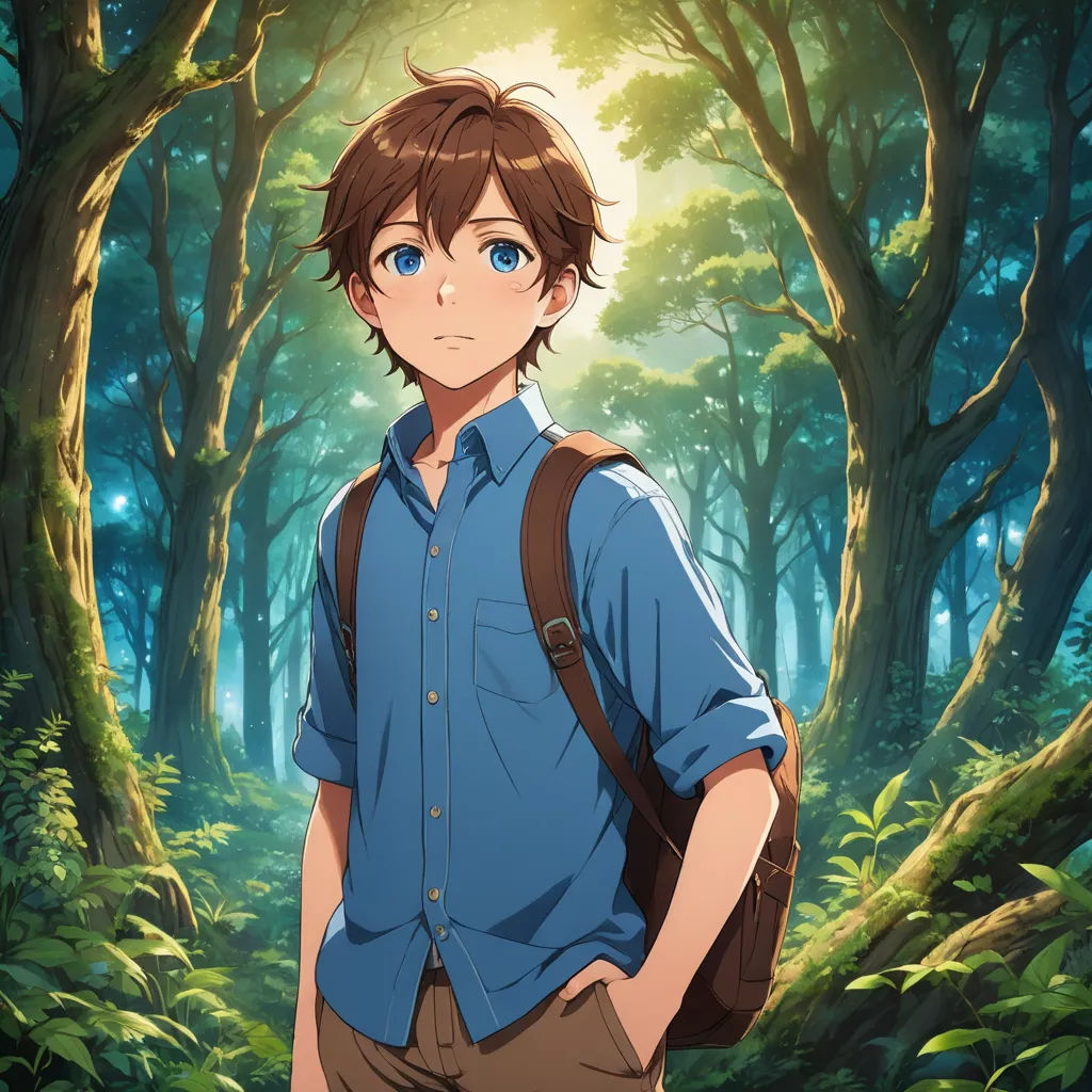 a man with a backpack standing in a forest with trees and bushes behind him, looking at the camera, rayonism, poster art, Cedric Seaut (Keos Masons), anime key visual