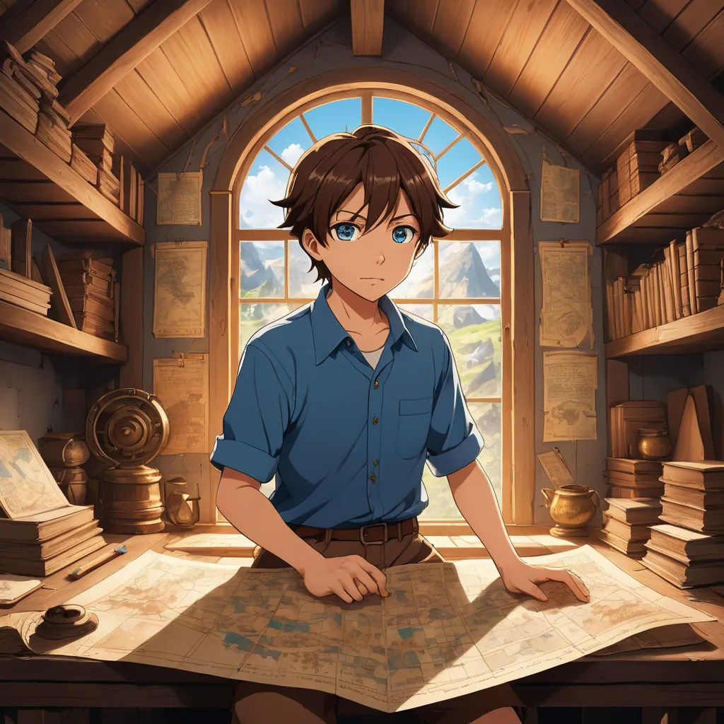 a man sitting at a table with a map in front of him and a window in the background with mountains, sots art, concept art, Armin Hansen, official art
