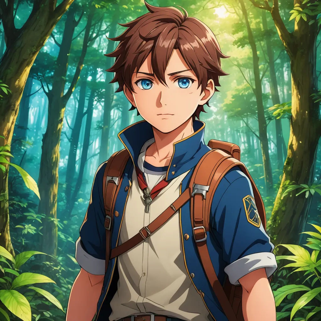 a man in a forest with a backpack on his back and a backpack on his shoulder, looking at the camera, sots art, a character portrait, Cedric Seaut (Keos Masons), official art