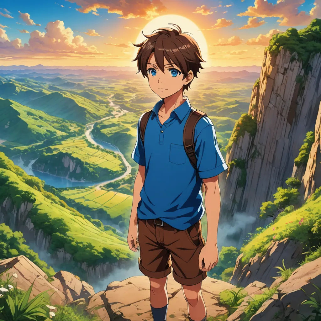 a man standing on top of a lush green hillside next to a forest filled with trees and bushes,, rayonism, poster art, Armin Hansen, anime key visual