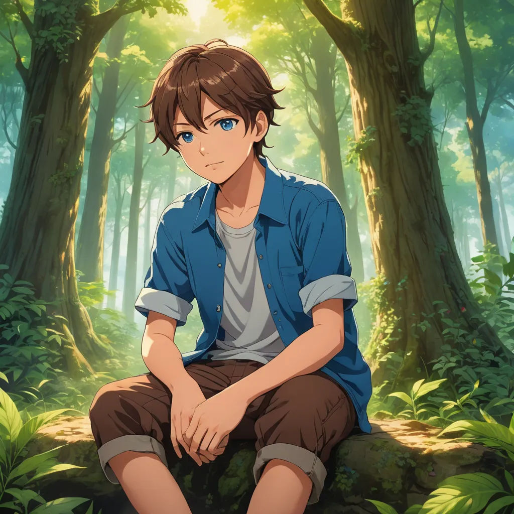 a boy sitting on a rock in a forest with trees and grass around him, with his hands on his knees, sots art, a character portrait, Cedric Seaut (Keos Masons), official art