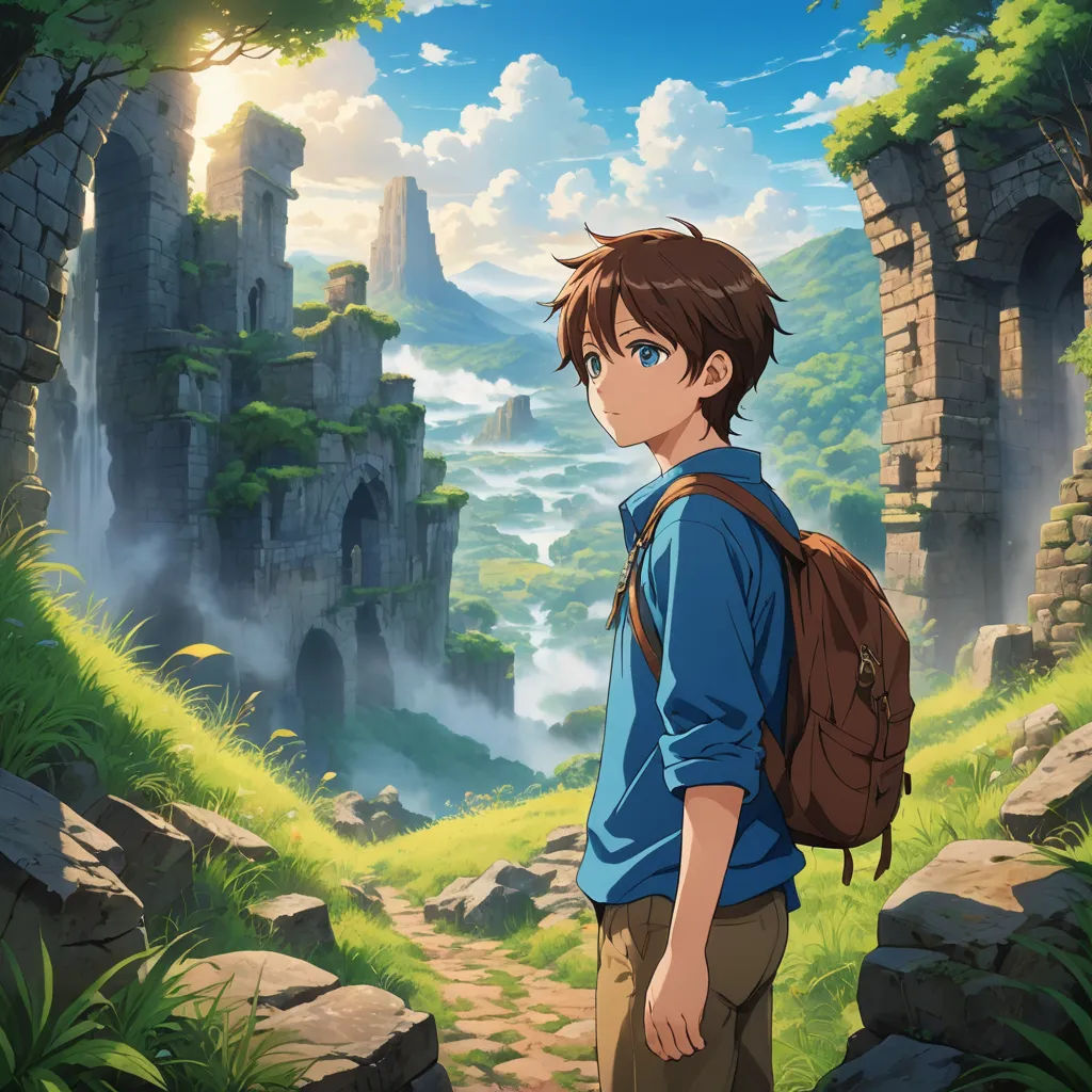 a boy with a backpack looking at a mountain and a river in the distance with a castle in the background, sots art, a detailed matte painting, Cedric Seaut (Keos Masons), anime key visual