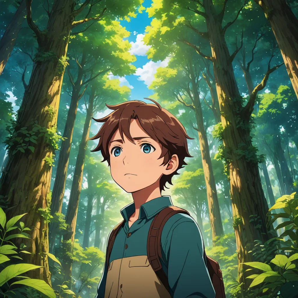 a boy in a forest with trees and bushes in the background, looking at the camera with a serious look on his face, rayonism, poster art, Armin Hansen, official art