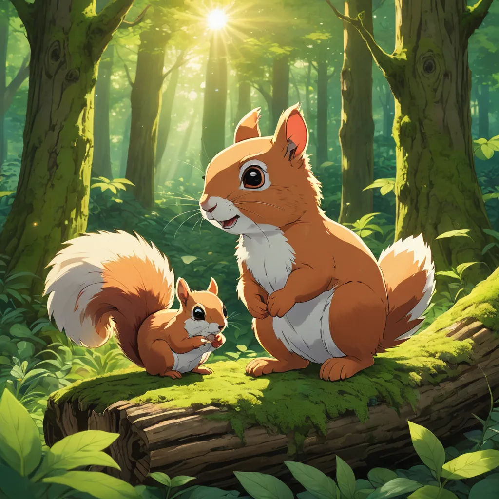 a squirrel and a baby squirrel sitting on a log in the forest with sunlight shining through the trees behind them, furry art, concept art, Chippy, official art