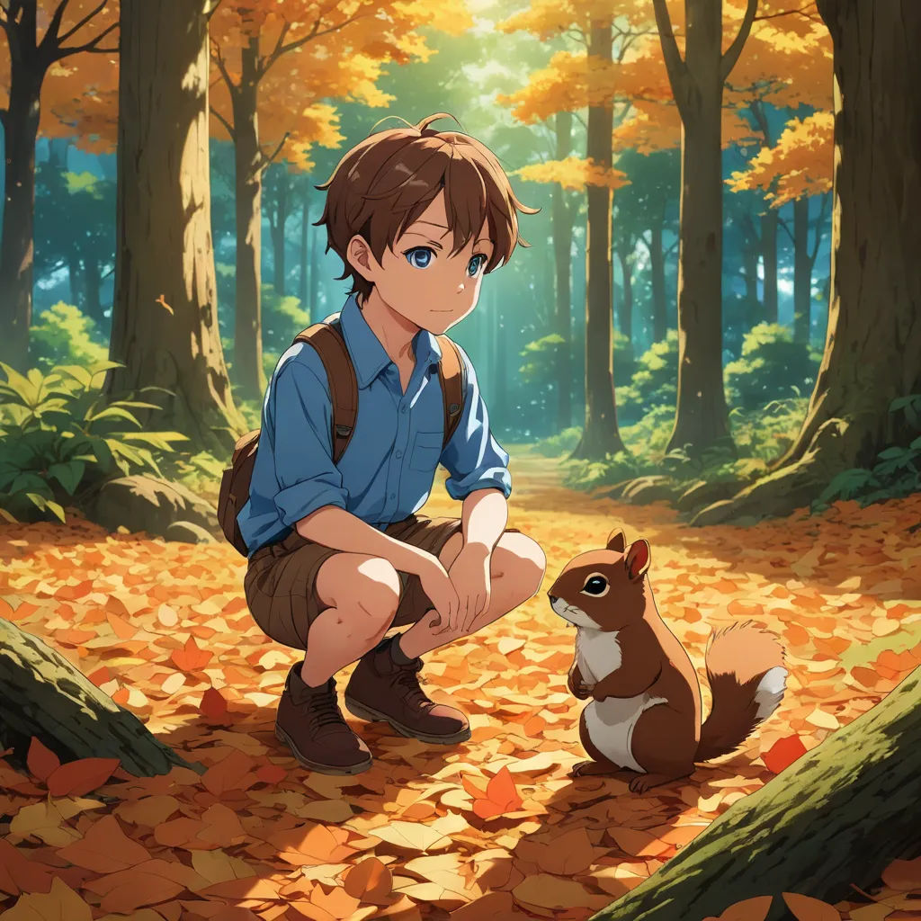 a boy kneeling down next to a squirrel in a forest with leaves on the ground and trees in the background, sots art, a storybook illustration, Cedric Seaut (Keos Masons), official art