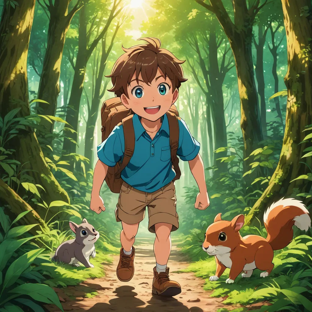 a boy with a backpack and a squirrel in the woods with a dog and a squirrel on a path, sots art, concept art, Anne Said, anime key visual