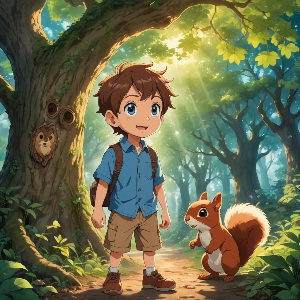 a boy standing in the woods with a squirrel on his back and a tree in the background with a light shining through the leaves, furry art, concept art, Bob Ross, official art
